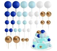 Satiskid Lot de 32 boules en mousse pour décoration de gâteau - Bleu, blanc et doré - Mini ballon - Décoration de gâteau pour mariage et fête d'anniversaire