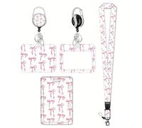 Satiskid Lot de 4 cordons tour de cou en plastique avec nœud rose pour le cou avec porte-cartes, porte-carte en plastique à motif nœud avec mousqueton rétractable, porte-badge coulissant pour le