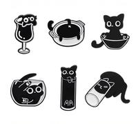 Satiskid Lot de 6 broches en forme de chat noir en émail pour veste, sac, chapeau, vêtements, accessoires de décoration