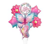 Satiskid Lot de 7 ballons en aluminium en forme de papillon et d'étoiles dégradées avec ballon Happy Birthday pour filles, décoration de fête de princesse