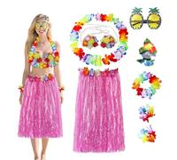Satiskid Lot de 8 jupes hawaïennes de 60 cm avec collier et bandeau, haut de bikini hawaïen, pince à cheveux, lunettes ananas, décorations de fête tropicales (rose)