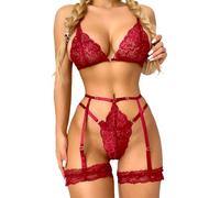 Satohom Femme Ensemble de Lingerie Porte Jarretelles 3 Pièces Dentelle Florale Soutien-Gorge Croisé et String sous-vêtements à Bretelles Col V Chemises de Nuit Nuisette Taille Haute Lingerie