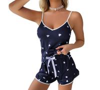 Satohom Femme Ensemble de Pyjama Imprimé Forme Coeur en Soie Glacée Deux Pièces en Satin de Soie, Chic Sexy été Caraco avec Shorts Nuisette Lingerie Nuit Col en V Cami Doux Pyjashort Sets