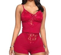 Satohom Femme Sexy Ensemble de Pyjama en Dentelle Florale 2 Pièces Perspective Hauts Caraco Ajustable et Shorts Pyjamas Sets Coupe Slim Élastique Été Nuisette Couleur Unie Vêtements de Nuit