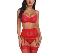 Satohom Femmes 3 Pièce Ensemble de Lingerie en Armatures avec Taille Haute Porte-Jarretelles Dentelle Soutiens-Gorge et G-String, Transparent Col V Nuisette Push Up Babydoll sous-vêtements