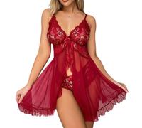Satohom Femmes Sexy Dentelle Lingerie Ensemble Babydoll Devant Ouvert Maille Chemise De Nuit avec Dentelle String Broderie Nuisette Femme Col v Femme 4 Pièces Tenues Coquin Transparent Body