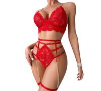 Satohom Sexy Femme 3 Pièces Ensemble Lingerie Jarretière avec Porte Jarretelles avec Chaîne en Métal Brillant, Florale Dentelle Pas de Soutien-Gorge à Armatures et Strings et Menottes Cuisse