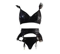 Satohom Sexy Femme Ensemble de sous-vêtements Patchwork en Maille et Cuir Verni Réglable PU Soutien Gorge Push Up Wetlook Jarretière Taille Haute avec Clip Métal et String 3 Pièces Lingerie