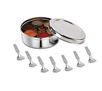 Satre Online and Marketing Boîte à épices en acier inoxydable sans couvercle, boîte Masala en acier inoxydable, boîte à épices indienne avec 7 récipients à épices et cuillères