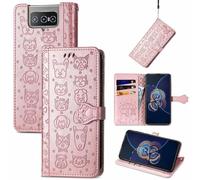 SATURCASE Coque pour Asus Zenfone 8 Flip ZS672KS, Chien Chat PU Cuir Magnétique Flip Portefeuille Support Porte-carte Protecteur Housse Étui avec Dragonne pour Asus Zenfone 8 Flip ZS672KS (CD-Or rose)