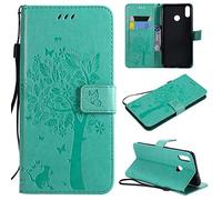 SATURCASE Coque pour Huawei Honor 8X, Arbre à Chat PU Cuir Magnétique Flip Portefeuille Support Porte-Carte Protecteur Housse Étui avec Dragonne pour Huawei Honor 8X (MS-Vert)