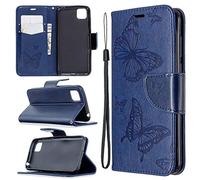 SATURCASE Coque pour Huawei Y5p, Papillon Gaufrage PU Cuir Magnétique Flip Portefeuille Support Porte-Carte Dragonne Protecteur Housse Étui pour Huawei Y5p (LD-Bleu)