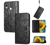 SATURCASE Coque pour Huawei Y6 2019/Y6S 2019, tournesol gaufré en cuir PU, fermeture aimantée, portefeuille, fentes pour cartes, dragonne, housse de protection pour Huawei Y6 2019/Y6S 2019 (HE-Noir)