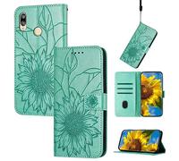 SATURCASE Coque pour Huawei Y6 2019/Y6S 2019, tournesol gaufré en cuir PU, fermeture aimantée, portefeuille, fentes pour cartes, dragonne, housse de protection pour Huawei Y6 2019/Y6S 2019 (HE-Vert)