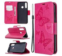 SATURCASE Coque pour Huawei Y6p, Papillon Gaufrage PU Cuir Magnétique Flip Portefeuille Support Porte-Carte Dragonne Protecteur Housse Étui pour Huawei Y6p (LD-Rose)