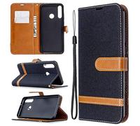 SATURCASE Coque pour Huawei Y6p, Premium Jeans PU Cuir Magnétique Flip Portefeuille Support Porte-Carte Dragonne Protecteur Housse Étui pour Huawei Y6p (Je-Noir)