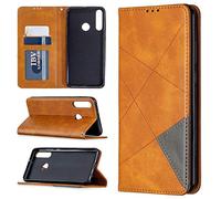 SATURCASE Coque pour Huawei Y6p, Rhombe PU Cuir Flip Aimant intégré Portefeuille Support Porte-Carte Protecteur Housse Étui pour Huawei Y6p (LX-Jaune)