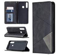 SATURCASE Coque pour Huawei Y6p, Rhombe PU Cuir Flip Aimant intégré Portefeuille Support Porte-Carte Protecteur Housse Étui pour Huawei Y6p (LX-Noir)