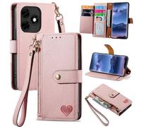 SATURCASE Coque pour itel S23 Plus, Heart PU Cuir Flip Portefeuille Poche Double Boucle Magnétique Fermeture éclair Support Porte-carte Cordon Protecteur Housse Étui pour itel S23 Plus (AX-Pink)