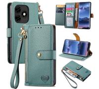 SATURCASE Coque pour itel S23 Plus, Heart PU Cuir Flip Portefeuille Poche Double Boucle Magnétique Fermeture éclair Support Porte-carte Cordon Protecteur Housse Étui pour itel S23 Plus (AX-Vert)