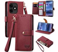 SATURCASE Coque pour itel S23 Plus, Heart PU Cuir Flip Portefeuille Poche Double Boucle Magnétique Fermeture éclair Support Porte-carte Cordon Protecteur Housse Étui pour itel S23 Plus (AX-Rouge)