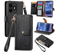 SATURCASE Coque pour itel S23 Plus, Heart PU Cuir Flip Portefeuille Poche Double Boucle Magnétique Fermeture éclair Support Porte-carte Cordon Protecteur Housse Étui pour itel S23 Plus (AX-Noir)