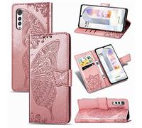 SATURCASE Coque pour LG Velvet, Papillon Fleur PU Cuir Magnétique Flip Portefeuille Support Porte-Carte Protecteur Dragonne Housse Étui pour LG Velvet (HF-Or Rose)