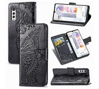 SATURCASE Coque pour LG Velvet, Papillon Fleur PU Cuir Magnétique Flip Portefeuille Support Porte-Carte Protecteur Dragonne Housse Étui pour LG Velvet (HF-Noir)