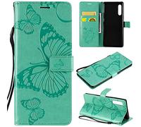 SATURCASE Coque pour LG Velvet, Papillon Gaufrage PU Cuir Magnétique Flip Portefeuille Support Porte-Carte Dragonne Protecteur Housse Étui pour LG Velvet (BU-Vert)