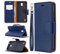 SATURCASE Coque pour Nokia 1.3, Litchi PU Cuir Magnétique Flip Portefeuille Support Porte-Carte Dragonne Protecteur Housse Étui pour Nokia 1.3 (LZ-Bleu)