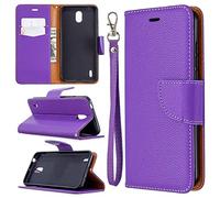 SATURCASE Coque pour Nokia 1.3, Litchi PU Cuir Magnétique Flip Portefeuille Support Porte-Carte Dragonne Protecteur Housse Étui pour Nokia 1.3 (LZ-Violet)