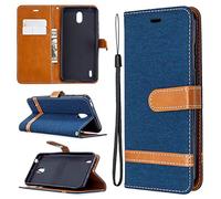 SATURCASE Coque pour Nokia 1.3, Premium Jeans PU Cuir Magnétique Flip Portefeuille Support Porte-Carte Dragonne Protecteur Housse Étui pour Nokia 1.3 (Je-Bleu Marin)