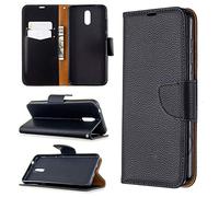 SATURCASE Coque pour Nokia 2.3, Litchi PU Cuir Magnétique Flip Portefeuille Support Porte-Carte Dragonne Protecteur Housse Étui pour Nokia 2.3 (LZ-Noir)