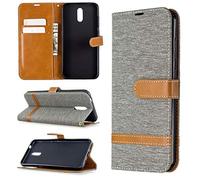 SATURCASE Coque pour Nokia 2.3, Premium Jeans PU Cuir Magnétique Flip Portefeuille Support Porte-Carte Dragonne Protecteur Housse Étui pour Nokia 2.3 (Je-Gris)