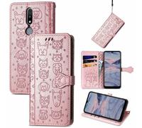 Saturcase Coque Pour Nokia 2.4, Chien Et Chat Mignon Pu Cuir Magnétique Flip Portefeuille Support Porte-Carte Protecteur Housse Étui Avec Dragonne Pour Nokia 2.4 (Or Rose)