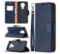 SATURCASE Coque pour Nokia 3.4, Litchi PU Cuir Magnétique Flip Portefeuille Support Porte-Carte Dragonne Protecteur Housse Étui pour Nokia 3.4 (LZ-Bleu)