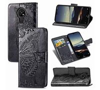 SATURCASE Coque pour Nokia 3.4, Papillon Fleur PU Cuir Magnétique Flip Portefeuille Support Porte-Carte Protecteur Dragonne Housse Étui pour Nokia 3.4 (HF-Noir)