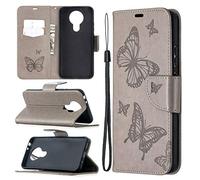 SATURCASE Coque pour Nokia 3.4, Papillon Gaufrage PU Cuir Magnétique Flip Portefeuille Support Porte-Carte Dragonne Protecteur Housse Étui pour Nokia 3.4 (LD-Gris)