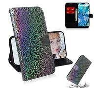 SATURCASE Coque pour Nokia 7.1, Unique Coloré PU Cuir Magnétique Flip Portefeuille Support Porte-Carte Protecteur Housse Étui avec Dragonne pour Nokia 7.1 (XC-Argenté)