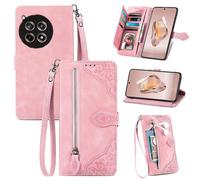 SATURCASE Coque pour OnePlus 12R / Ace 3, Fleur Gaufrage PU Cuir Magnétique Flip Portefeuille Poche Fermeture éclair Support Porte-carte Cordon Protecteur Housse Étui pour OnePlus 12R / Ace 3 (SZ-Pink
