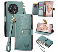 SATURCASE Coque pour OnePlus 12R / OnePlus Ace 3, Heart PU Cuir Flip Portefeuille Poche Double Boucle Magnétique Fermeture éclair Support Porte-carte Cordon Protecteur Housse Étui pour OnePlus 12R / O