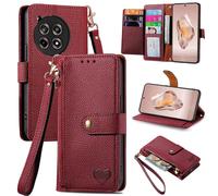 SATURCASE Coque pour OnePlus 12R / OnePlus Ace 3, Heart PU Cuir Flip Portefeuille Poche Double Boucle Magnétique Fermeture éclair Support Porte-carte Cordon Protecteur Housse Étui pour OnePlus 12R / O