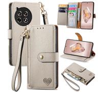 SATURCASE Coque pour OnePlus 12R / OnePlus Ace 3, Heart PU Cuir Flip Portefeuille Poche Double Boucle Magnétique Fermeture éclair Support Porte-carte Cordon Protecteur Housse Étui pour OnePlus 12R / O