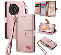 SATURCASE Coque pour OnePlus 12R / OnePlus Ace 3, Heart PU Cuir Flip Portefeuille Poche Double Boucle Magnétique Fermeture éclair Support Porte-carte Cordon Protecteur Housse Étui pour OnePlus 12R / O
