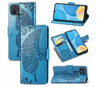 SATURCASE Coque pour Oppo A15, Papillon Fleur PU Cuir Magnétique Flip Portefeuille Support Porte-Carte Protecteur Dragonne Housse Étui pour Oppo A15 (HF-Bleu)