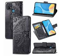 SATURCASE Coque pour Oppo A15, Papillon Fleur PU Cuir Magnétique Flip Portefeuille Support Porte-Carte Protecteur Dragonne Housse Étui pour Oppo A15 (HF-Noir)