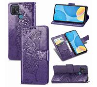 SATURCASE Coque pour Oppo A15, Papillon Fleur PU Cuir Magnétique Flip Portefeuille Support Porte-Carte Protecteur Dragonne Housse Étui pour Oppo A15 (HF-Violet)