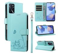 SATURCASE Coque pour Oppo A16 / A16S / A54 4G / A55 5G, Chat Mignon PU Cuir Magnétique Flip Portefeuille Support Porte-Carte Dragonne Protecteur Housse Étui (ZC-Vert)