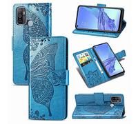 SATURCASE Coque pour Oppo A53 2020, Papillon Fleur PU Cuir Magnétique Flip Portefeuille Support Porte-Carte Protecteur Dragonne Housse Étui pour Oppo A53 2020 (HF-Bleu)