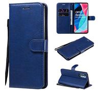 SATURCASE Coque pour Oppo Reno4 Pro 5G, Classique PU Cuir Magnétique Flip Portefeuille Support Porte-Carte Protecteur Housse Étui avec Dragonne pour Oppo Reno4 Pro 5G (XD-Bleu)